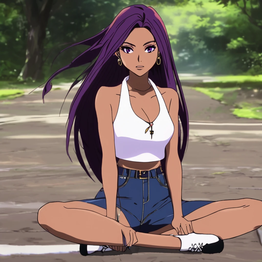 anime girl sitting on ground, 1girl, solo, gyaru, shape eyes, small breast, dark-skinned, long hair, straight hair, dark purple hair, short jean, Cross Halter Crop Top,  stick out tongu, sleeveless, sitting, yandere
[ 4 k digital art ]!!, by :5 sexy: 7, anime artstyle, anime style 4 k, anime style. 8k, anime styled, digital anime art!!, in an anime style, high quality anime artstyle, realistic anime artstyle, digital art on pixiv