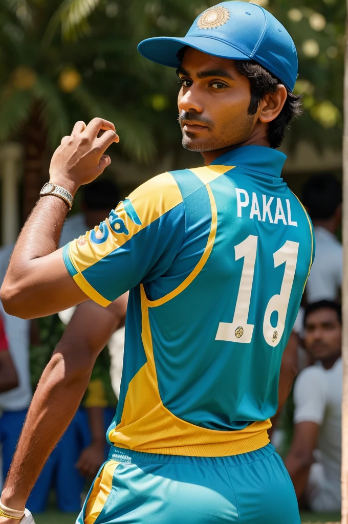 one Boy Play The Cricket In Indian Jersey And Back Pf The Jersey Her Name Written Raja And Her Number 18 