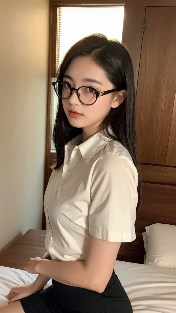 (Highest quality, 8K, masterpiece ), A -yeld jua young face、 The eyes are large and clear、Black Hair、Wearing a beige mask:1.3、White Button Down Shirt、Glamour thighs:1.2、, Highly detailed face, double eyelid, Strong natural light、whole body、Sexy thighs:1.2、Side angle,Diagonal horizontal angle:1.2、Black Mini Skirt、On the bed、Rectangular frame glasses