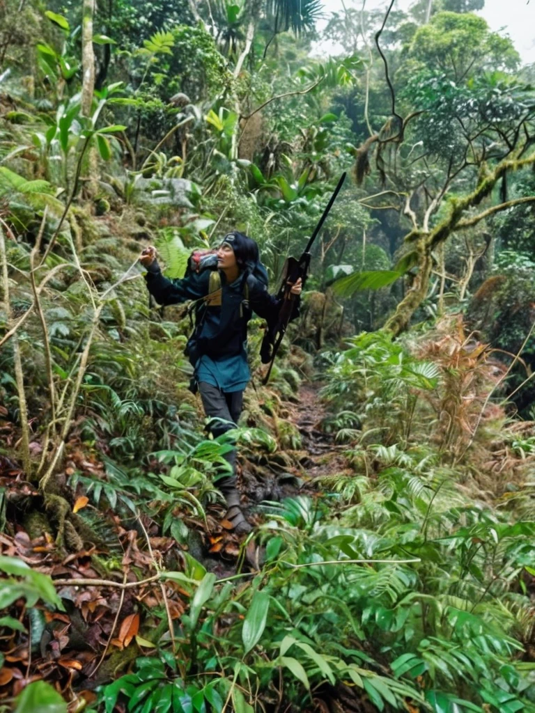 A full body, cinematic portrait of a Malay-looking man with long hair wearing boots. He is 170 cm tall and weighs 90 kg. He is wearing a dark green parka jacket and a North Face backpack, standing in a foggy rainforest with a a blade of katana. He is an outdoor explorer. The background has subtle light, creating a magical rainforest scene. The man is walking in the rainforest, creating a mystical rainforest atmosphere. His face is looking at the camera, and the portrait is taken from the side. The image should be realistic.