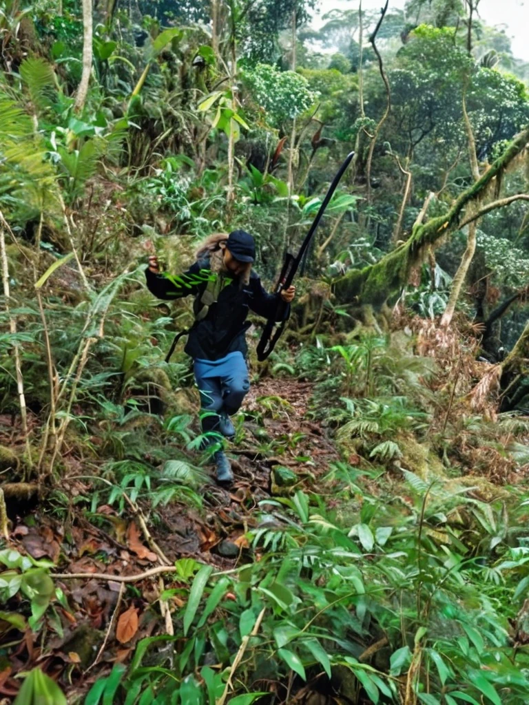 
A full body, cinematic portrait of a Malay-looking man with long hair wearing boots. He is 170 cm tall and weighs 90 kg. He is wearing a dark green parka jacket and a North Face backpack, standing in a foggy rainforest with a a blade of katana. He is an outdoor explorer. The background has subtle light, creating a magical rainforest scene. The man is walking in the rainforest, creating a mystical rainforest atmosphere. His face is looking at the camera, and the portrait is taken from the side. The image should be realistic.