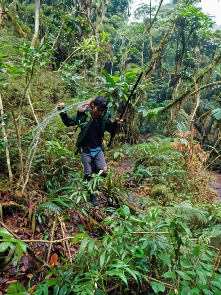 
A full body, cinematic portrait of a Malay-looking man with long hair wearing boots. He is 170 cm tall and weighs 90 kg. He is wearing a dark green parka jacket and a North Face backpack, standing in a foggy rainforest with a a blade of katana. He is an outdoor explorer. The background has subtle light, creating a magical rainforest scene. The man is walking in the rainforest, creating a mystical rainforest atmosphere. His face is looking at the camera, and the portrait is taken from the side. The image should be realistic.