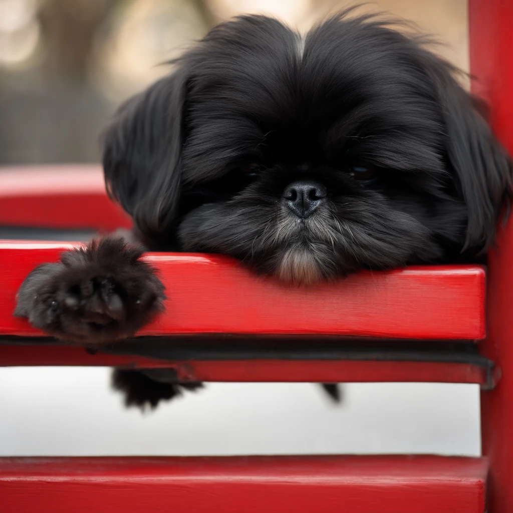 Adorable small black shih tzu sleeping on a red door matt