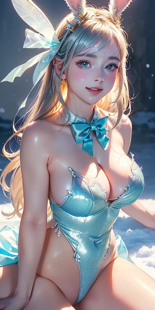 masterpiece, best quality, extremely detailed CG unity 8k wallpaper,((Upper Body)) ,((Upper Body head close-up shot of a beautiful )), , Elegant Long straight blonde hair, (Mckenna Grace), ((gigantic breasts,thighs,Autoluminescence skin)), (Silver-blue) golden (Glittering tutu,long Bunny Ear Headgear, , Bow-tie, No panties, genitals visible), ((spread legs)),(), (Blush), , (seductive smile), (A world of ice and snow), pretty face, key art, award winning, intricate detail realism hdr, by (ruan jia and artgerm and range murata), Photorealism, Hyperrealism, ultra realistic, dramatic light, intense shadows, gorgeous view, depth of field