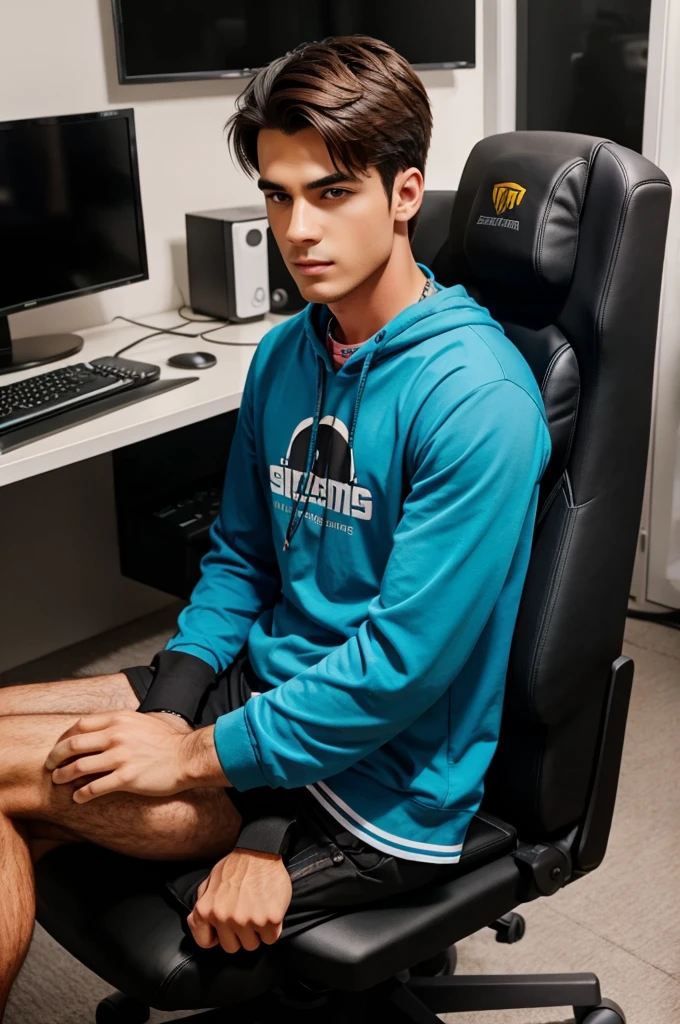 A male character sitting on a gaming chair