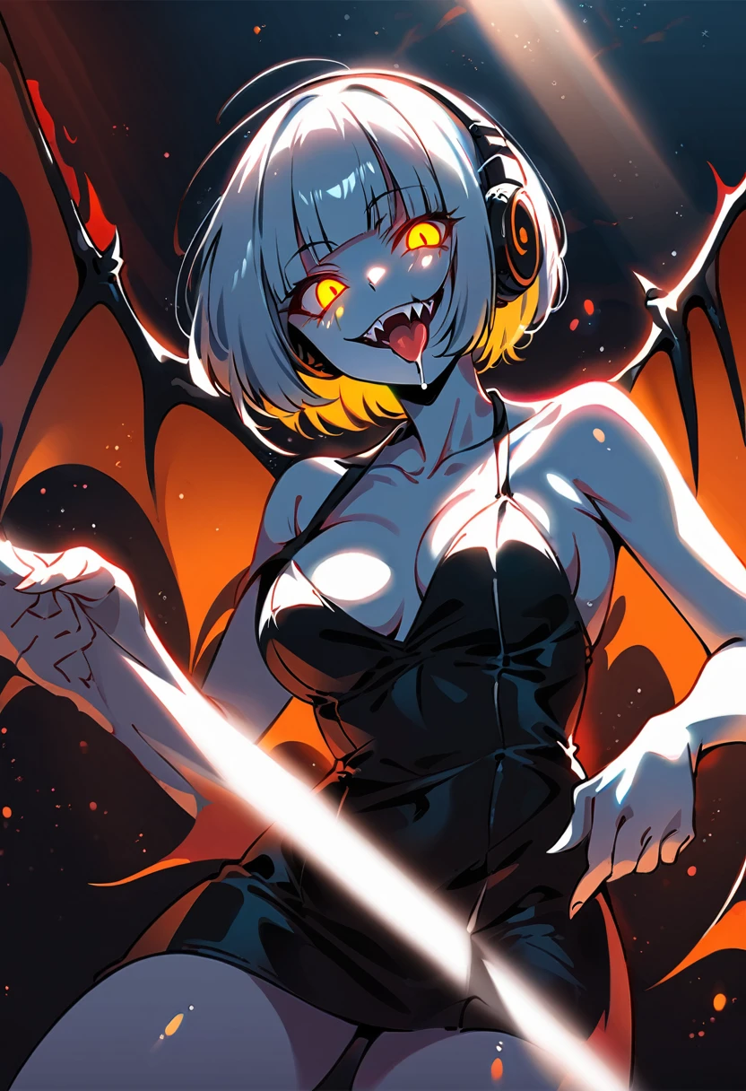 (extremely detailed fine touch:1.3), (hard light, studio light, light rays, dappled light, reflection, shadows, ray tracing:1.0), (2D:1.3), devil girl, (super very silver short hair:1.3), blunt bangs, (yellow glasses:1.3), underrim, headphones, devil's wings, white skin, Tsurime Eyes, (glowing eyes:1.2), evil smile, (fangs:1.2), tongue out, drooling, red cheek, black mini dress, medium breasts, clavicle, cleavage, cowboy shot, bat, hell, inferno