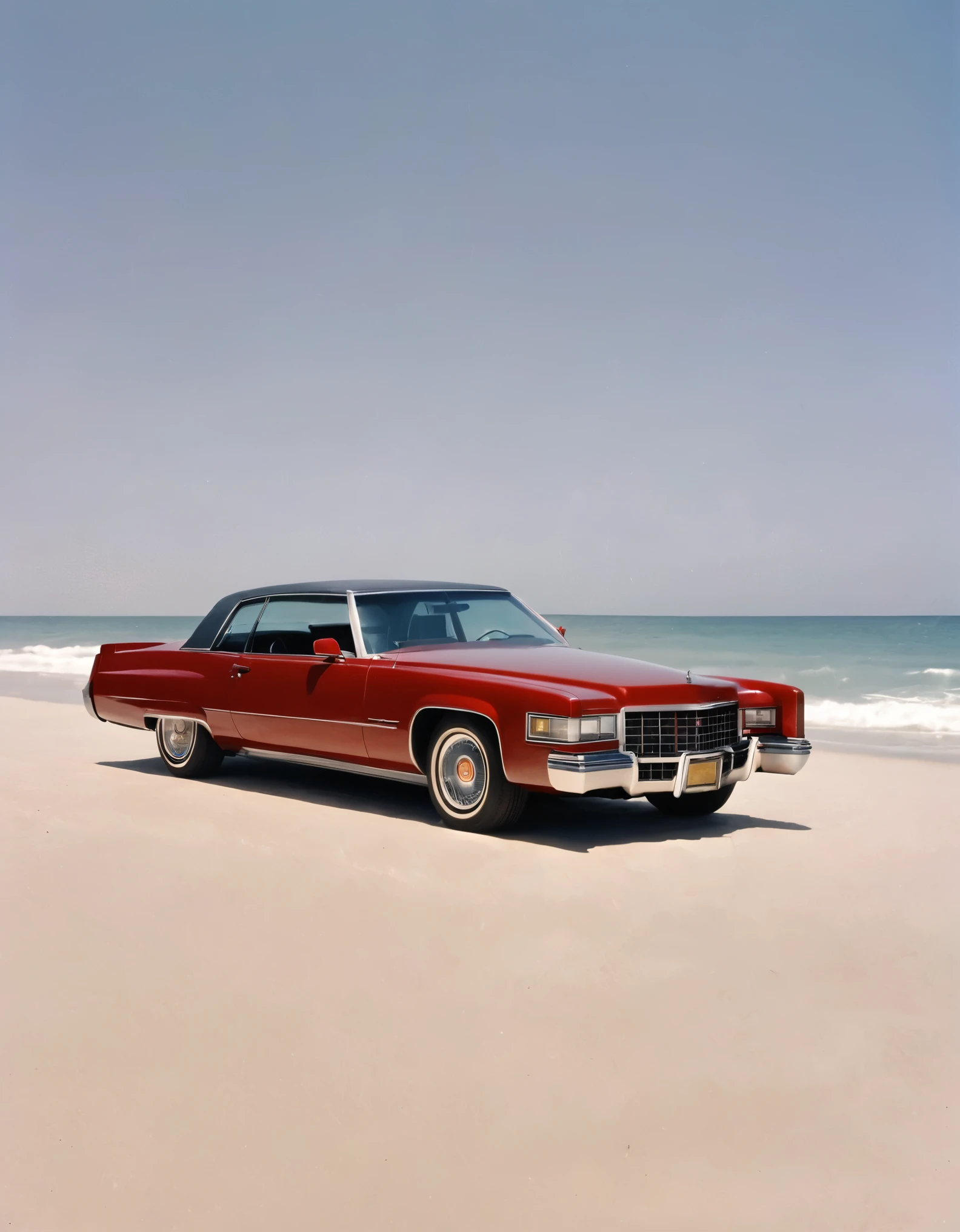 a red Cadillac car parked on top of a sandy beach, an album cover, by Carol Sutton, cobra, still from the movie terminator, texas, sun shines down on the car, ap photo, square, front view 1990, detail on scene, glass, car, cut-scene