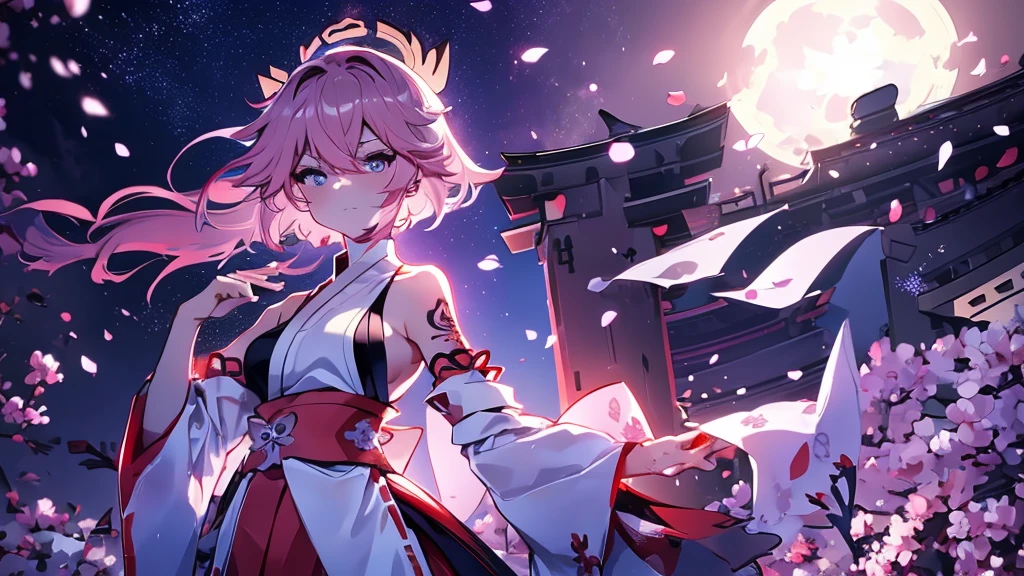 samurai girl with short hair and tattooed back who is using two katanas, with dark hair, with a white outfit showing her shoulder. with the image of destroyed Japanese temples with blue fire as a backdrop. Blue night sky full of stars, with pink Japanese cherry tree leaves falling
