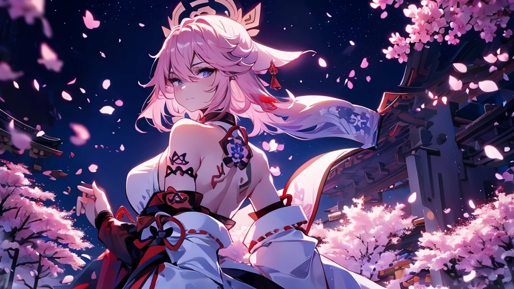 samurai girl with short hair and tattooed back who is using two katanas, with dark hair, with a white outfit showing her shoulder. with the image of destroyed Japanese temples with blue fire as a backdrop. Blue night sky full of stars, with pink Japanese cherry tree leaves falling