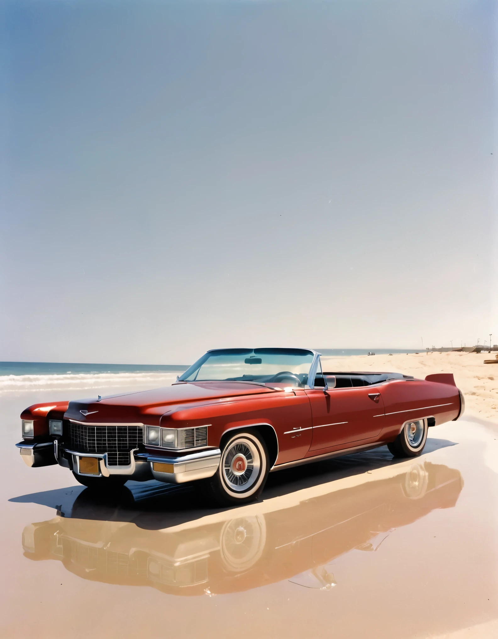 a red Cadillac car parked on top of a sandy beach, an album cover, by Carol Sutton, cobra, still from the movie terminator, texas, sun shines down on the car, ap photo, square, front view 1990, detail on scene, glass, car, cut-scene