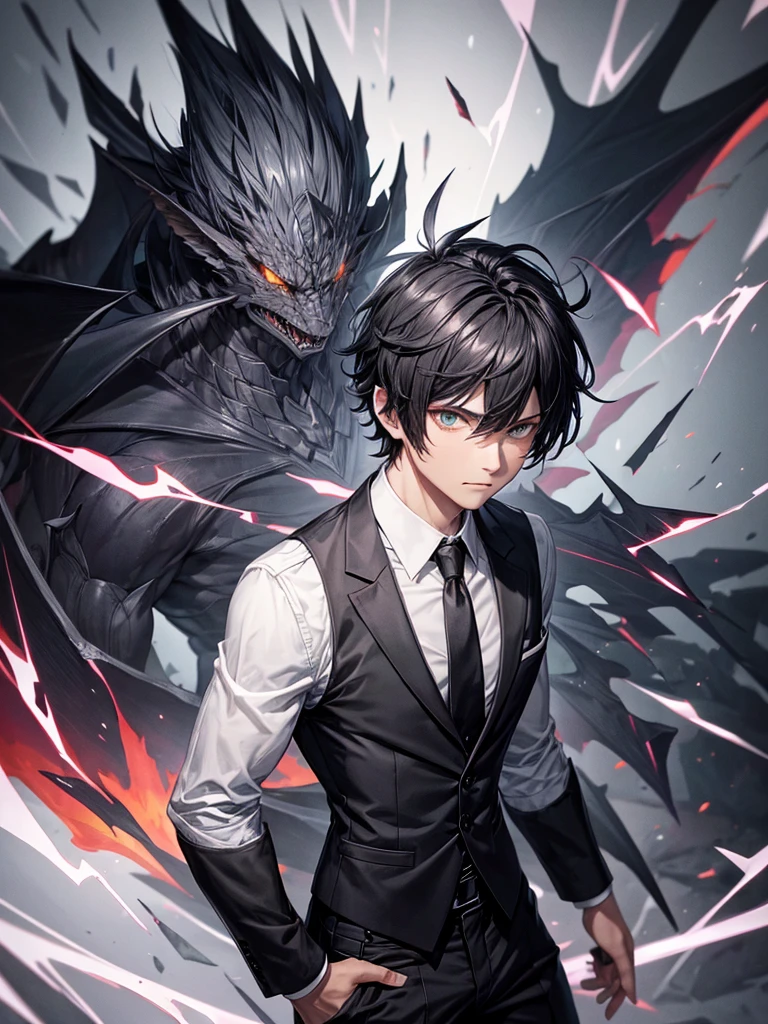 Black short hair boy blask shattered dragon horns shattered halo shattered wings shattered dragon tail wearing grey suit with black vest