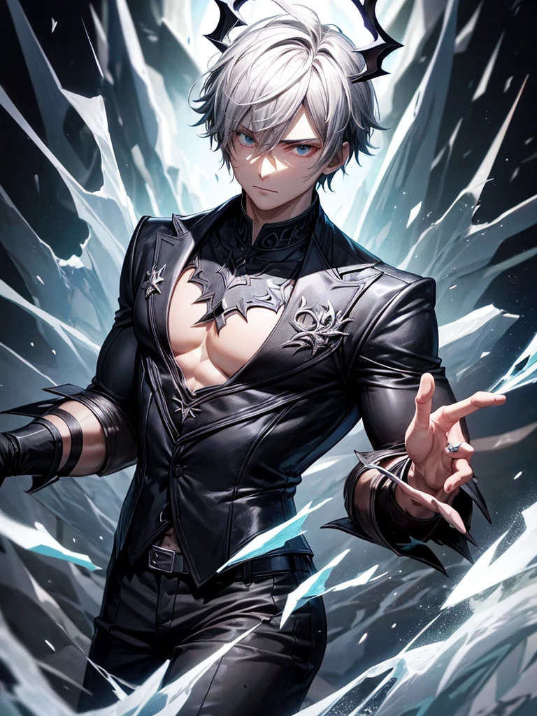 (Male:1.3, Attractive:1.2) Zombie with glowing green eyes. Tall, slender, muscular build. (White hair:1.2) styled in a short hairstyle. (Dressed in casual attire:1.1).