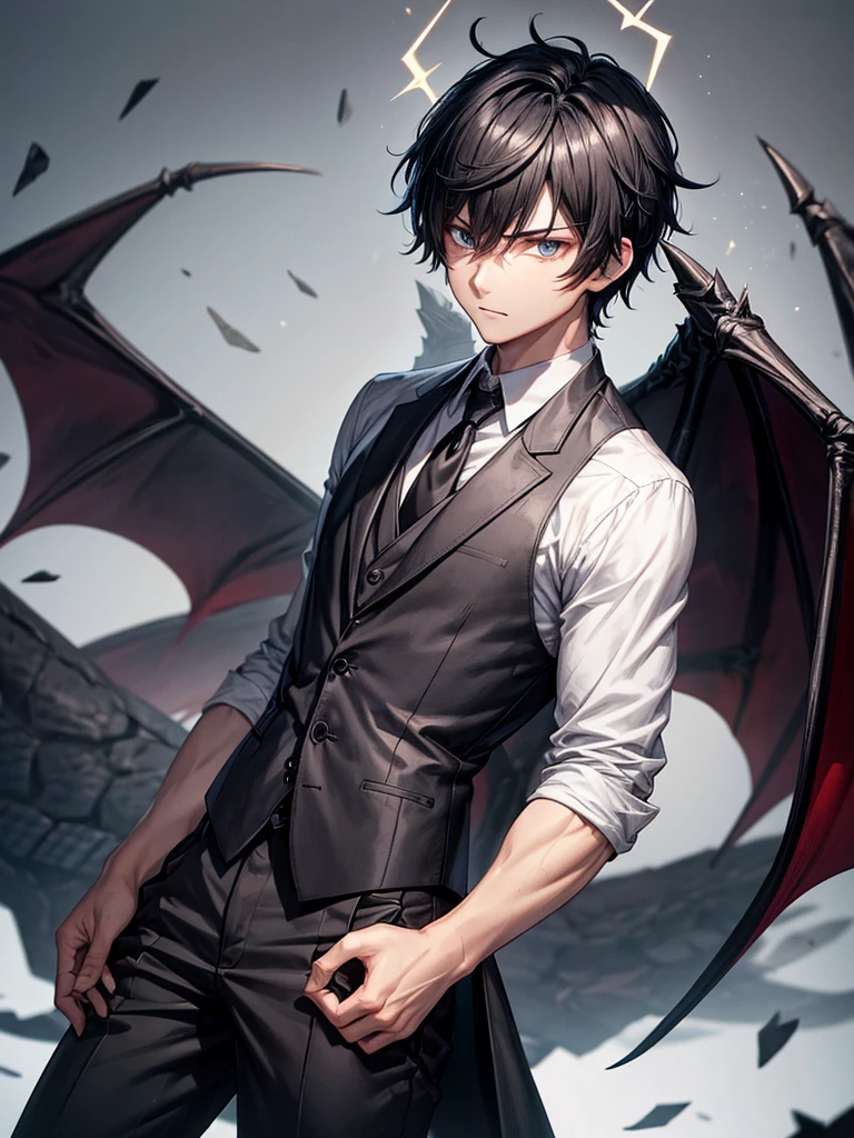 Black short hair boy blask shattered dragon horns shattered halo shattered wings shattered dragon tail wearing grey suit with black vest