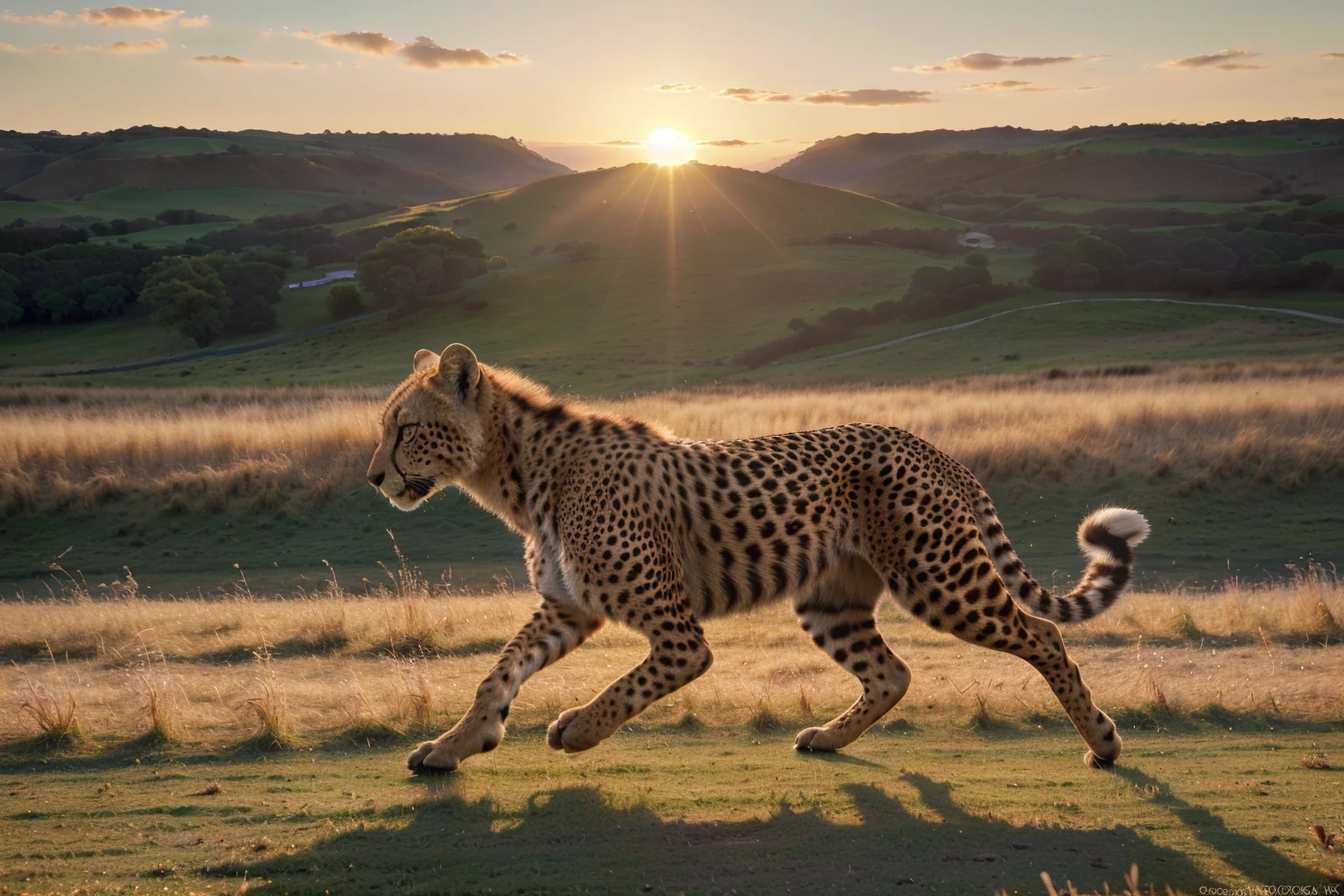 (best quality,4k,8k,highres,masterpiece:1.2),ultra-detailed,(realistic,photorealistic,photo-realistic:1.37),cheetah,muscular defined body,sharp intense eyes,running across grassland,sunset rays,high-speed motion blur,wildlife photography,rich details,HD quality,3D rendering,vivid colors,studio lighting