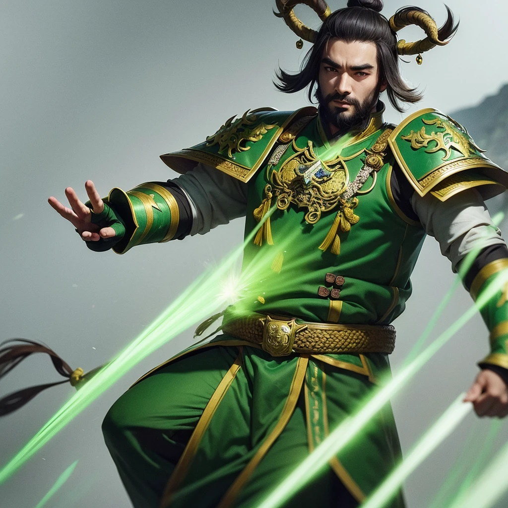 Full-length portrait of Chinese Liu Bei. His appearance is goat's beard, soft and charismatic. His topknot and light green armor unique to ancient China.