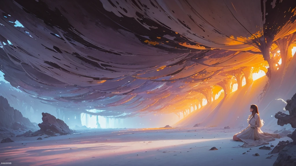32k, Masterpiece, Highest quality, One girl, Detailed eyes, flower,Alstroemeria, White and orange style,A dreamy, romantic piece,Pale purple, Mysterious Leaves,A playful arrangement,Fantasy,High Contrast,Ink strokes,explosion,Exposure, Impression of white and orange tones,Abstract,((Watercolours by John Berkey and Jeremy Mann )) Brush strokes,Negative Space, Tyndall effect,
