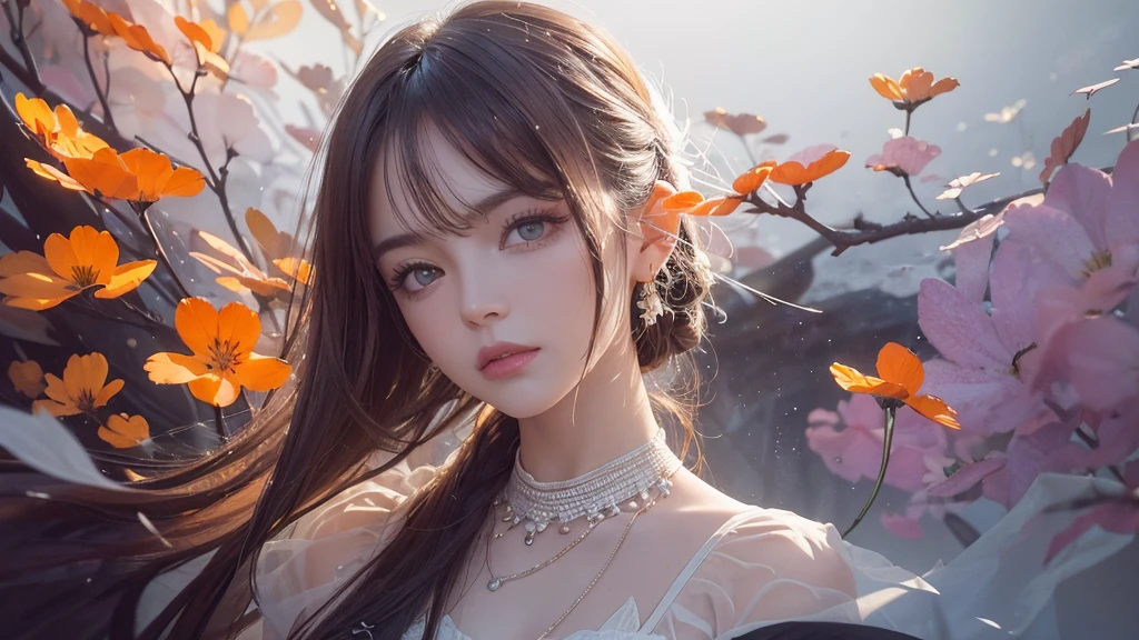 32k, Masterpiece, Highest quality, One girl, Detailed eyes, flower,Alstroemeria, White and orange style,A dreamy, romantic piece,Pale purple, Mysterious Leaves,A playful arrangement,Fantasy,High Contrast,Ink strokes,explosion,Exposure, Impression of white and orange tones,Abstract,((Watercolours by John Berkey and Jeremy Mann )) Brush strokes,Negative Space, Tyndall effect,