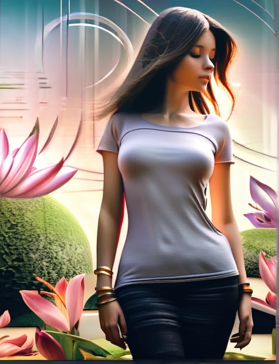 ((1 girl - solo, full length, waist-length, loose - relaxed pose, standing)), ((masterpiece, best quality: 1.3), (ultra detail: 1.3), (best quality, high resolution, photo realistic: 1.37)). ((Orange, pink, white, and green details), (girl, in flower-T, starry sky-white hair), Big Breasts: 1.7, (dark hair, shoulder length, long hair), (elegant body, dark stylish T-shirt , tech clothes: 1.1), (beautiful hands in jewelry bracelets, (Rockstar)). ((Calm look, relaxed pose, standing)). ((Abstract background with lines and circles), (Technical background - abstraction), (high-tech), (many flowers - lilies), (flowers look amazing), mostly in light colors: (white, blue, yellow, gold)).((Best quality), (surrealism: 1.3), (masterpiece: 1.2) , (fantasy: 1.2, surrealism: 1.3), ((High resolution, sharp image), (best quality: 1.37), (realistic 3D visualization), (adjustments, soft light-shadow, flooded sunlight, contrast shadows – cold tones, warm soft light)). (Technical background - abstraction), (modern style, HD detail, cinematic, surrealism, Deep focus, ray tracing, Diffusion)).