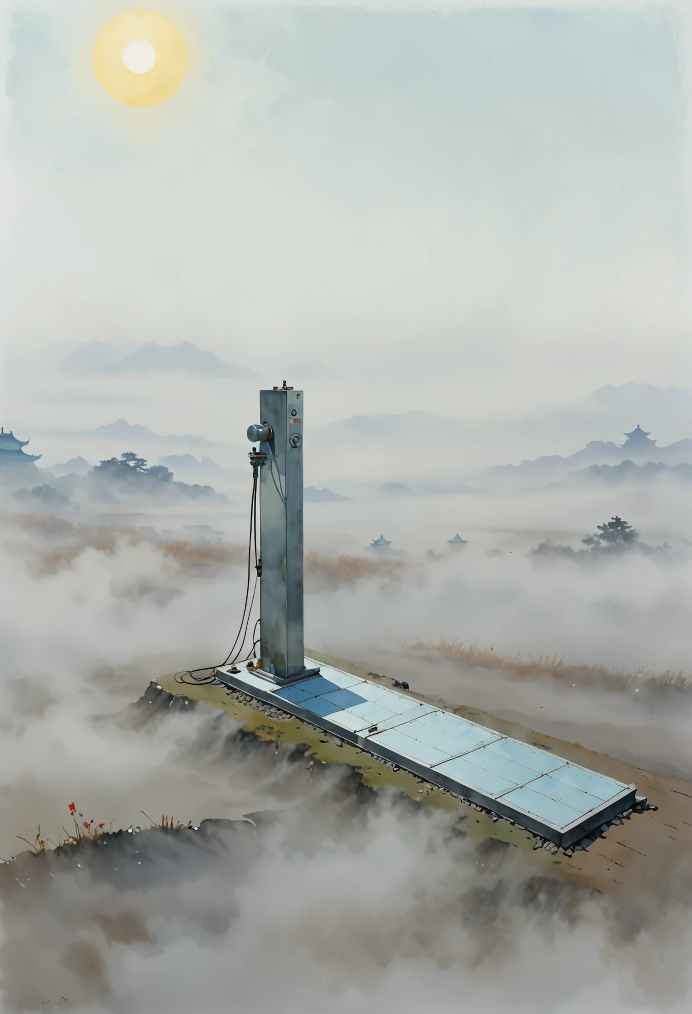 There is a piece of metal on the ground,Background is sky, flat metal antenna, product photo, perspective, Sunlight,Bronze heliostat,author:Randolph Caldecott, (Watercolor, masterpiece, Line Art, Illustration Art, Professional line art, Super complex and detailed, Chinese painting,8K:1.3),Explicit projection,Void Background,Heavy fog