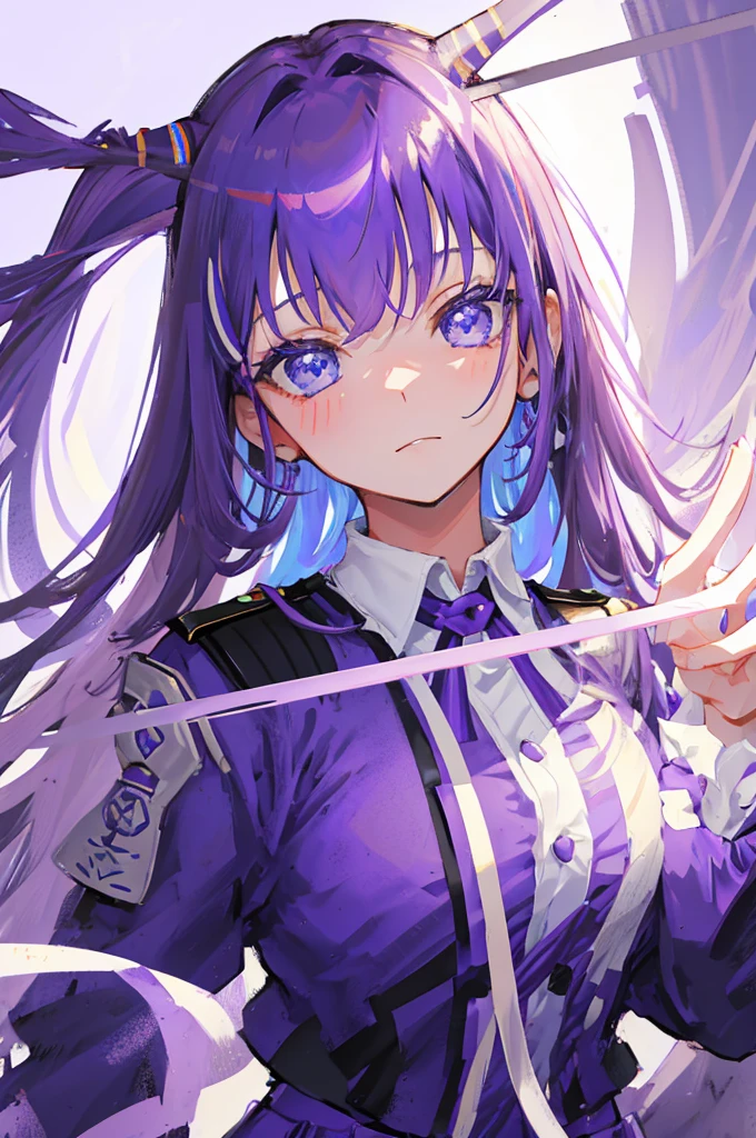 tall girl, PURPLE HAIR, horns pointing to the center of the head, blue eyes, purple buttoned military uniform, office pants with skirt, White background