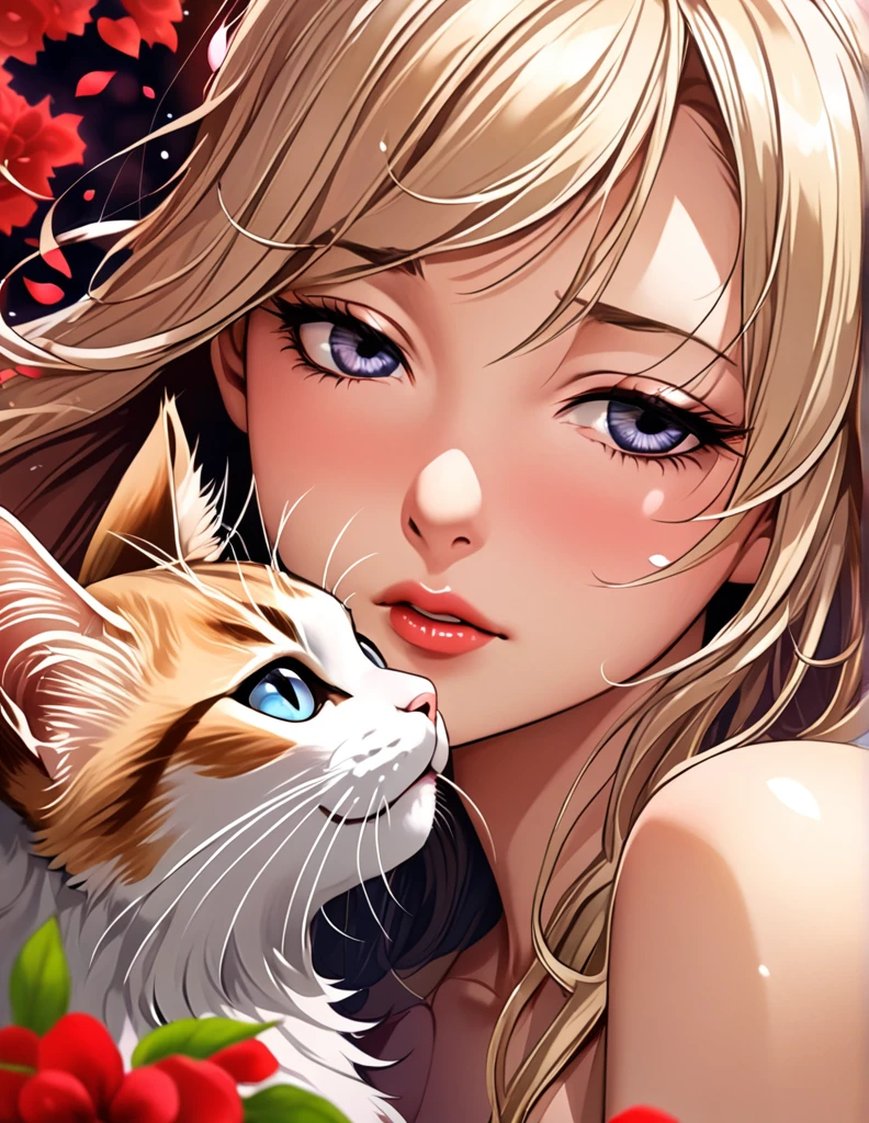 (Harem Manga style:1.2) , Hallucination, daydream , nightmare , Insane Dream , bokeh , erotica , romance ,  girl and realistic cat , Petals fluttering down , (Single eyelids, round nose, swollen cheeks) , glossy lips , Collarbone , Hair blowing in the wind , Goddess of lust , spread legs , (hide crotch by cats:1.3) , (close up cat:1.1)