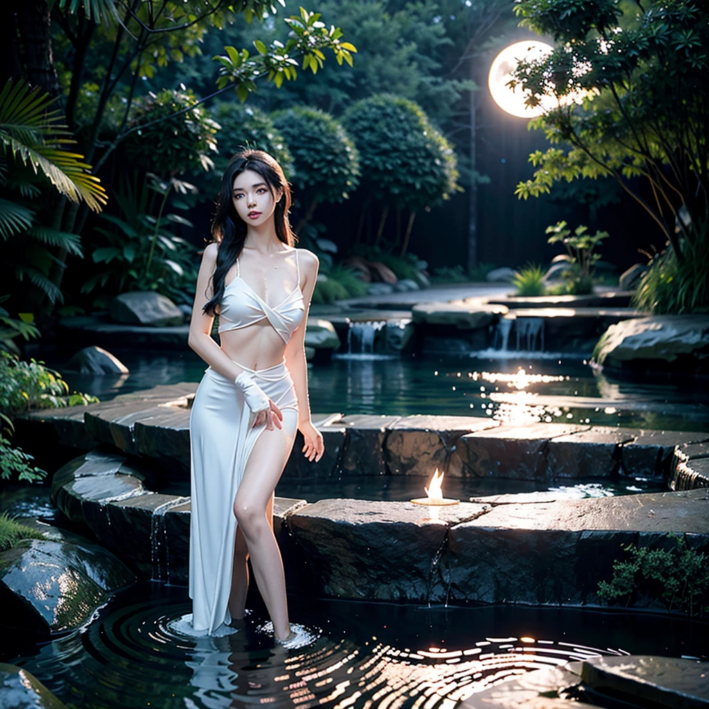 A digital art oil image of a princess in dark , floor length robe, fingerless gloves, medium length raven black hair that falls on her shoulder, thin peach lips that frames her angular face, slender waist, height 6'5,hot, wisty, wet hair, light caramel eyes that caught in the moonlight, few steps away from a natural hot spring in a secluded part of the forest, bathing in creamy moonlight, hyper detailed, photobashing, real life photography,realism, traditional, 40k