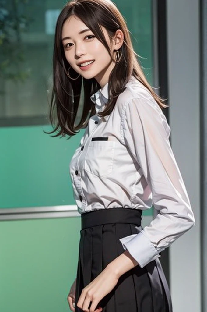 (8K、RAW Photos、Highest quality、masterpiece:1.2)、(Realistic、Photorealistic:1.37)、Very detailed、Ultra-high resolution、1 Girl、Seeing the viewer、Beautiful and elaborate face、Drooling eyes、Laughter、narrow、(Slim waist) :1.3)、Beautiful, smooth skin、Skin Texture、Floating Hair、Professional Lighting, uniform,White dress shirt,Black mini skirt, Lift up the skirt,whole body、Brown Hair,