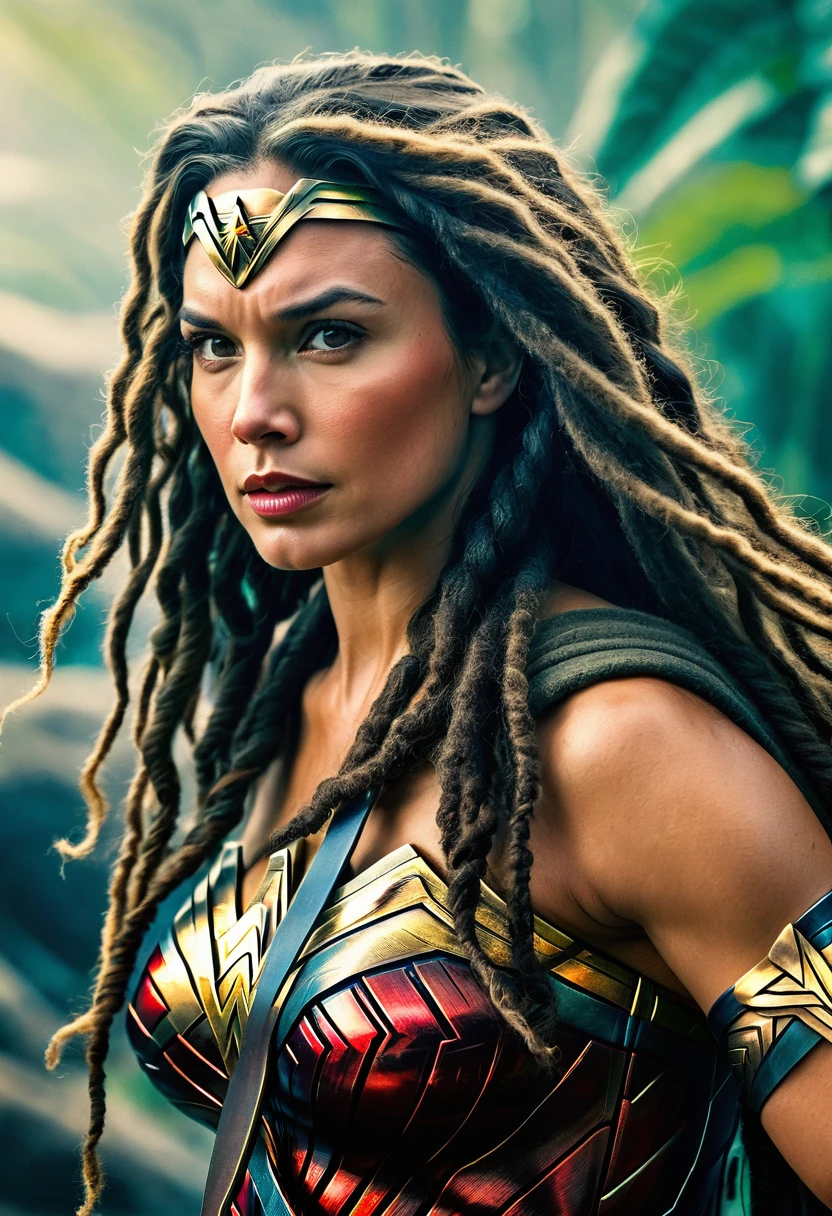 In extreme close-up, a beautiful black woman under the mantle of the Amazon warrior (((Wonder woman)),((dreadlocks))) surreal and cinematographic images Color Splash images f(((Traje actual Wonder woman))),(((Diaema Wonder woman)))