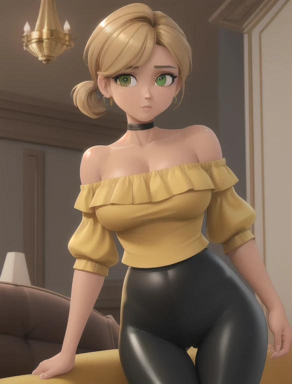 (best quality:1.3), (4K quality),masterpiece, best quality, high res, detailed, (Detailed face:1.2), (Detailed eyes:1.2), (Hourglass figure:1.2), 1girl, solo, 36-years-old, tan olive skin, short blonde hair, pony tail hair style, green eyes, approximately 5'2" tall, ((Wearing a yellow off-shoulder top and shiny black leggings)), standing in the middle of the living room, couch, TV, carpet, relaxed atmosphere, cinematic lighting, detailed background,
