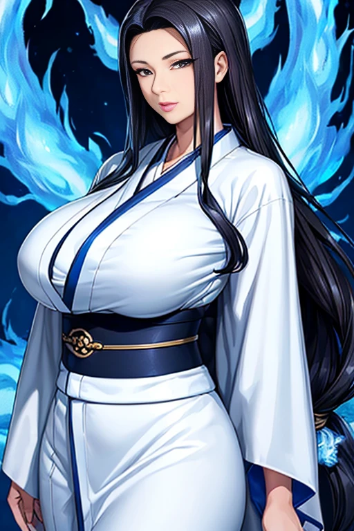 (masterpiece, high quality, lifelike, Ultra realistic, Remarkably high quality, photorealistic:1.5), Anime Woman Tsubaki Miyajima with (((((Black Long Hair wearing a White Kimono with Blue fire design on the Kimono))))) minimalist logo design bright colors, high quality, extreme quality, super detailed, Wide hips, Narrow waist, Close-up:0.6, Upper-body view, Looking at viewer, Large 36DD Breasts, Sexy, pretty