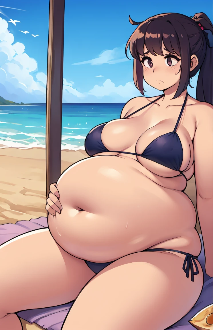 Lucy,beachfront,alone girl,bikini,fully body,overwhelmingly large belly,bloated belly,belly bloated,round belly,massive belly,bloated belly,incredibly small ,small breaststtle,overwhelmingly large thighs,thick-thighs,