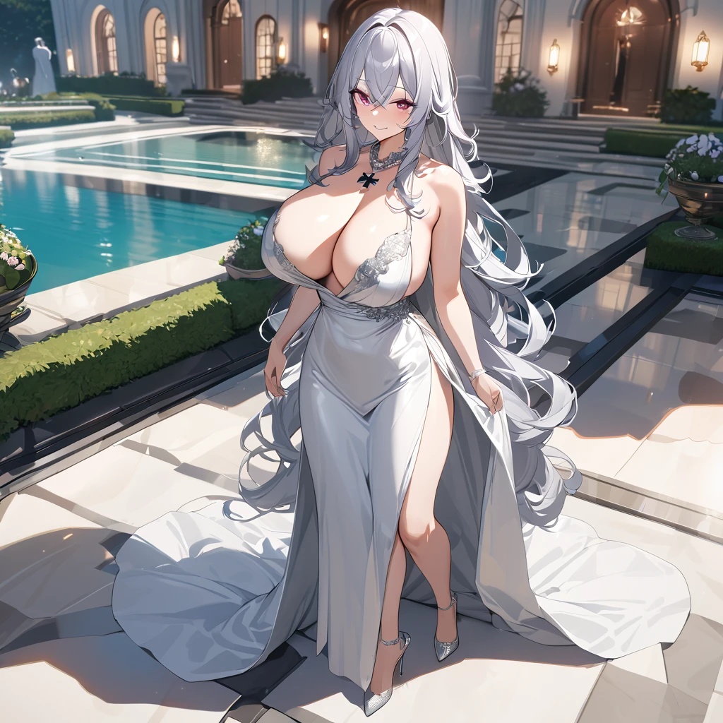 A woman wearing a luxurious silver dress, with an iron cross necklace around her neck, exposed shoulder, big breasts, silver heels, silver hair, long hair, smiling, burgundy eyes, big breasts, walking outside a luxury mansion , luxury marble floor, luxury garden..,UHD, prime work, accurate, anatomically correct, textured skin, super details, high quality, best quality, 8k, high resolution, bokeh effect . (woman alone)