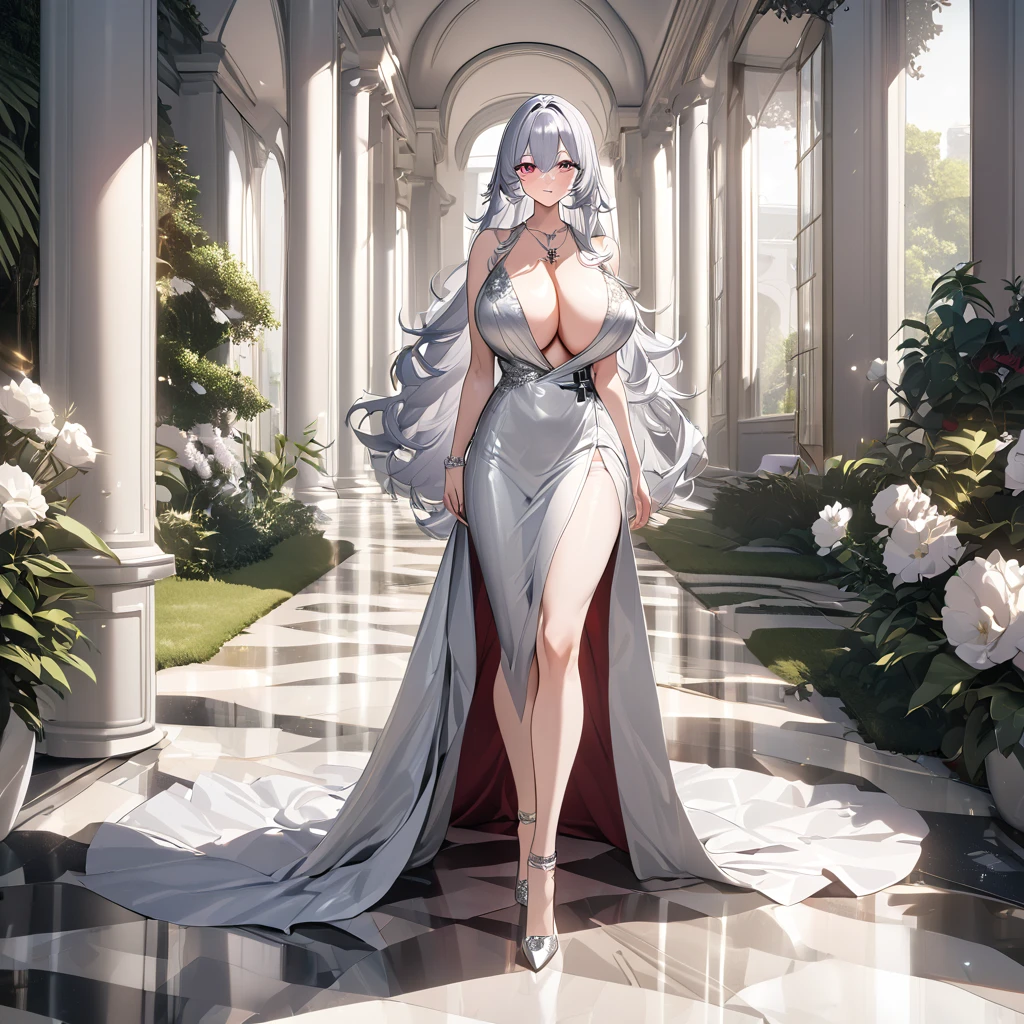 A woman wearing a luxurious silver dress, with an iron cross necklace around her neck, exposed shoulder, big breasts, silver heels, silver hair, long hair, smiling, burgundy eyes, big breasts, walking outside a luxury mansion , luxury marble floor, luxury garden..,UHD, prime work, accurate, anatomically correct, textured skin, super details, high quality, best quality, 8k, high resolution, bokeh effect . (woman alone)
