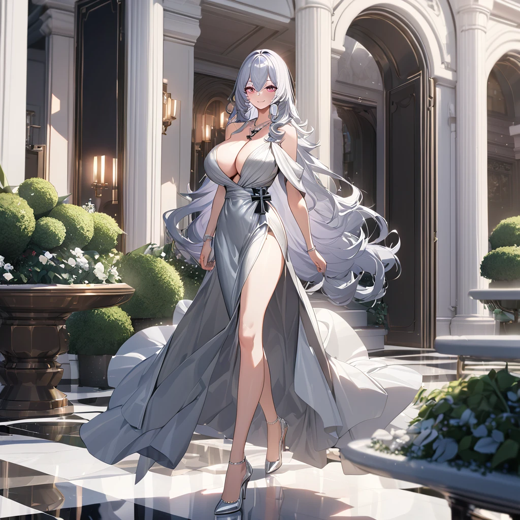 A woman wearing a luxurious silver dress, with an iron cross necklace around her neck, exposed shoulder, big breasts, silver heels, silver hair, long hair, smiling, burgundy eyes, big breasts, walking outside a luxury mansion , luxury marble floor, luxury garden..,UHD, prime work, accurate, anatomically correct, textured skin, super details, high quality, best quality, 8k, high resolution, bokeh effect . (woman alone)
