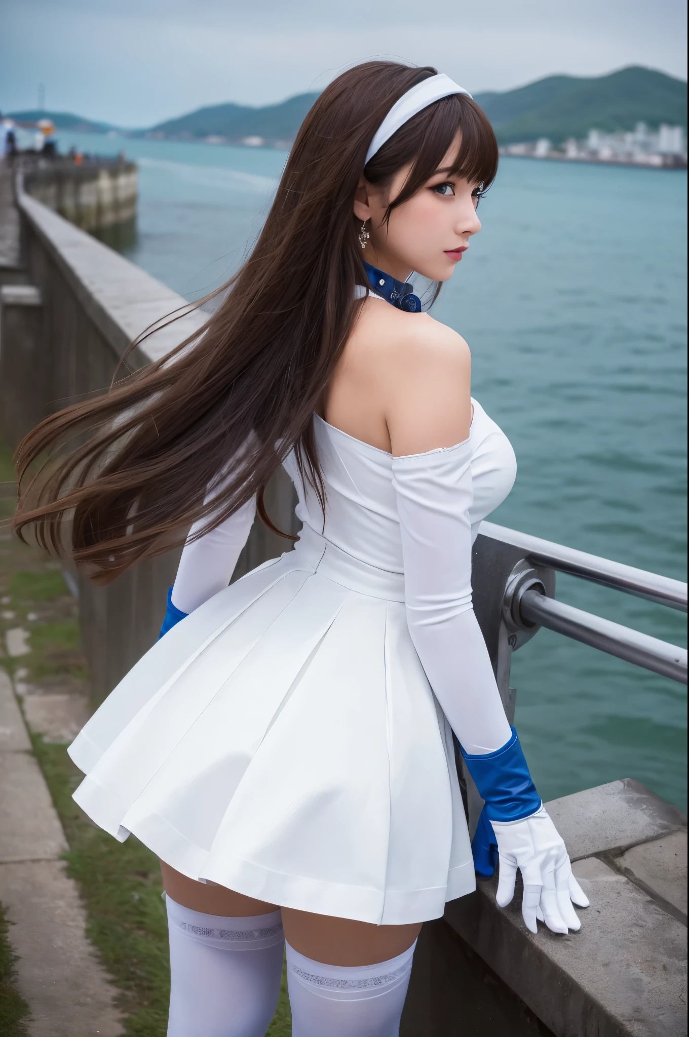 ((Highest quality)), ((masterpiece)), ((One girl)), alone, ferry, ((Long Hair)), ferryBase, ((Knee socks)), Bare shoulders, ((jewelry)), ((No sleeve)), White Dress, Blue Skirt, ((gloves)), Up to the thighs, From behind.