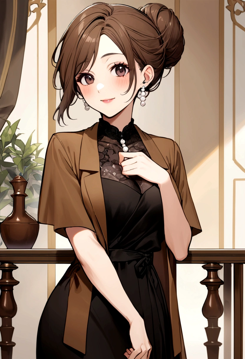 40 year old woman, brown hair, bun, white pearl earrings, black dress, brown short sleeve jacket