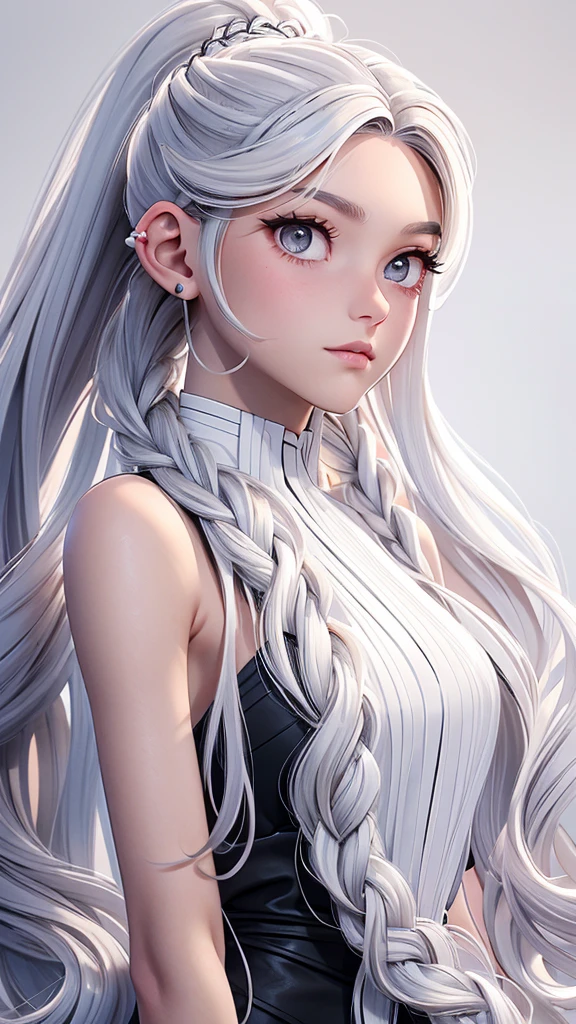 Millicent is a 21 year old young woman...., Tall and fit physique. He has light skin and gray eyes with small pupils..... Long wavy white hair braided in a high ponytail with many small braids... It has long and pointed ears.. Described as an incredibly beautiful girl... Prefers to wear black clothes.., gray and white colors
