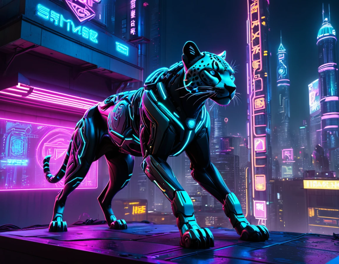 Cyber City, roof, Neon, Mechanical cheetah, Ambush Stance