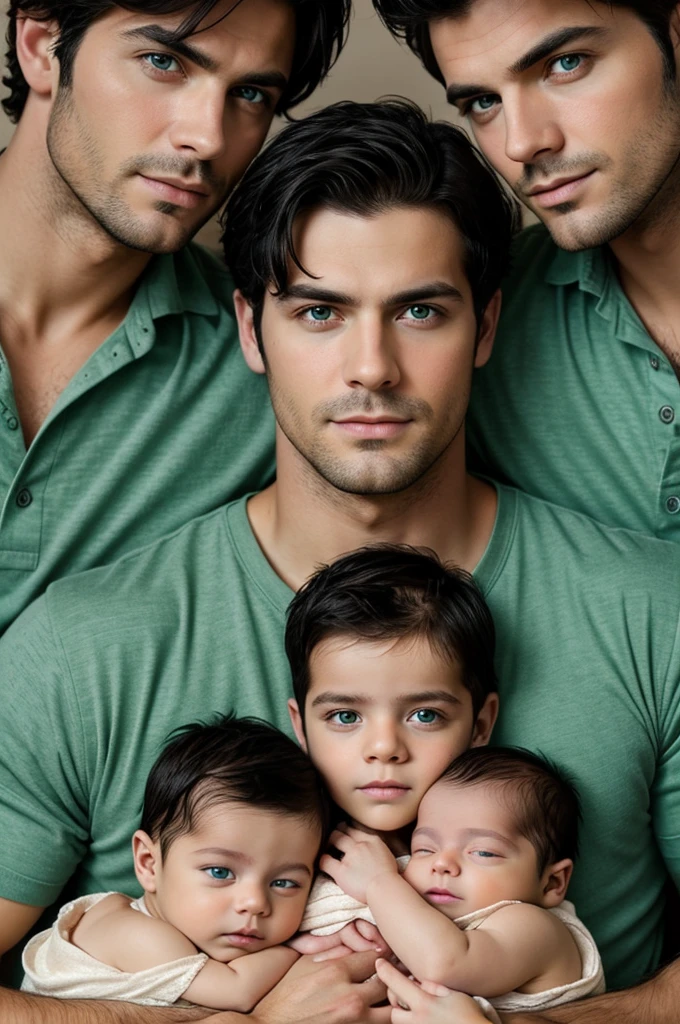 Very handsome man with short black hair and green eyes serious face with three  on his chest two boys and a girl