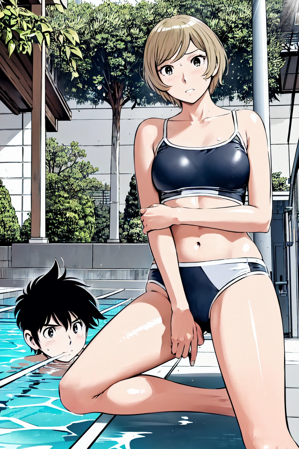 Blue school swimsuit、(masterpiece、Highest quality)、Highest quality, Ultra-high resolution, (((masterpiece))), alone, Sweat、Big eyes, Composition from the front、Shortcuts、Embarrassed face、Blonde、Cut your hair short、School swimming pool、short hair、Pussy Line、Browsing Caution、Butt
