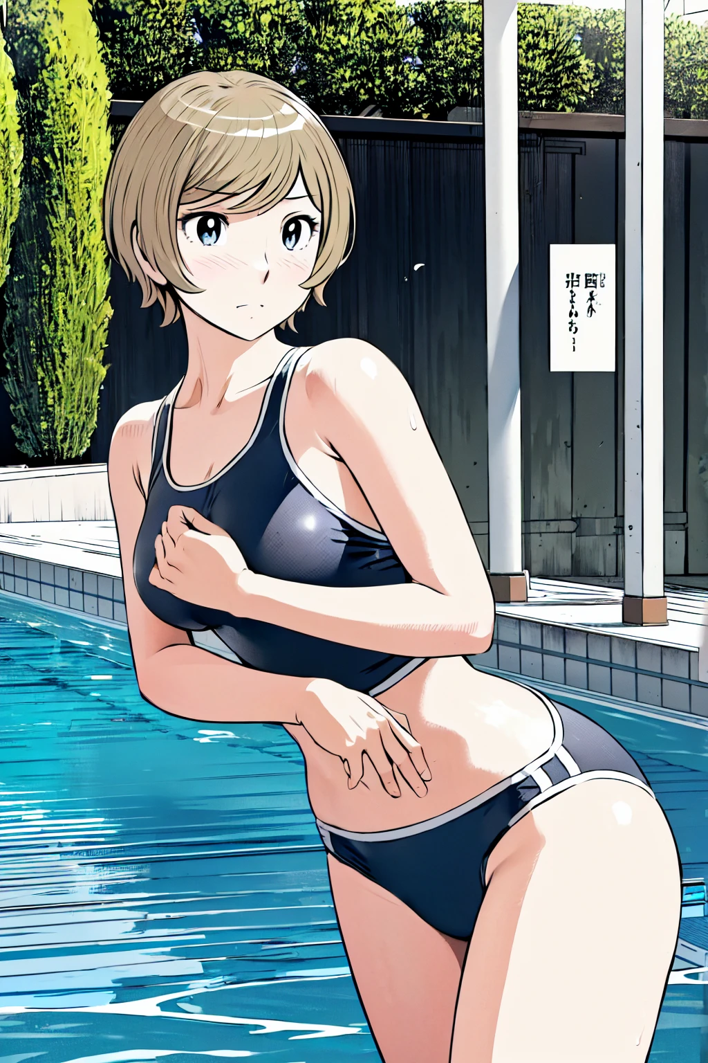 Blue school swimsuit、(masterpiece、Highest quality)、Highest quality, Ultra-high resolution, (((masterpiece))), alone, Sweat、Big eyes, Composition from the front、Shortcuts、Embarrassed face、Blonde、Cut your hair short、School swimming pool、short hair、Pussy Line、Browsing Caution、Butt