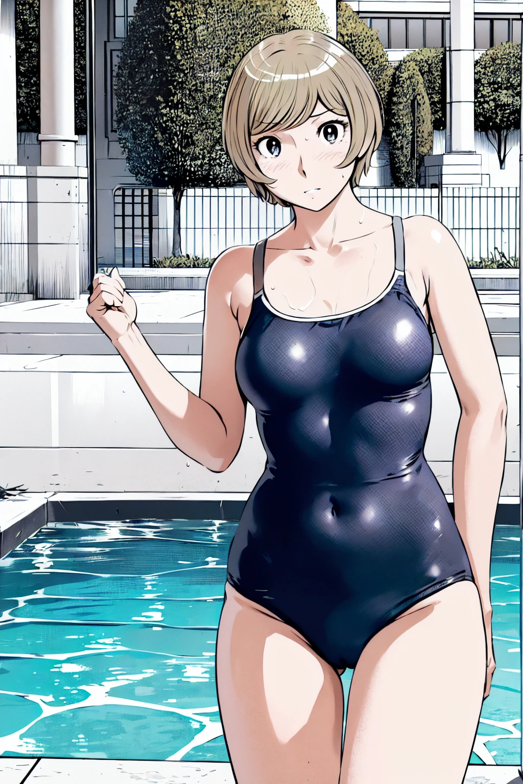 Blue school swimsuit、(masterpiece、Highest quality)、Highest quality, Ultra-high resolution, (((masterpiece))), alone, Sweat、Big eyes, Composition from the front、Shortcuts、Embarrassed face、Blonde、Cut your hair short、School swimming pool、short hair、Pussy Line、Browsing Caution、Butt