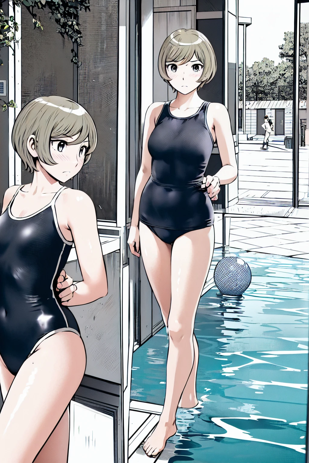 Blue school swimsuit、(masterpiece、Highest quality)、Highest quality, Ultra-high resolution, (((masterpiece))), alone, Sweat、Big eyes, Composition from the front、Shortcuts、Embarrassed face、Blonde、Cut your hair short、School swimming pool、short hair、Pussy Line、Browsing Caution、Butt