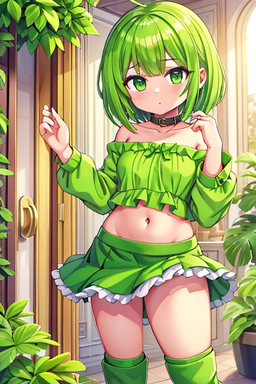 20 year old girl, chica sexy, green hair, short hair, green eyes, Short skirt, green skirt, Small strapless blouse, Short blouse up to the abdomen, Blouse sin Olanes, green blouse, Green long sleeves, Blouse that shows the shoulders, Sin collar, Shows the navel, green boots, shows the back 