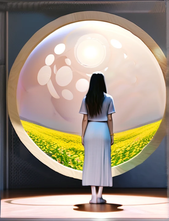 ((1 girl - solo, full length, waist-length, loose - relaxed pose, standing)), ((masterpiece, best quality: 1.3), (ultra detail: 1.3), (best quality, high resolution, photo realistic: 1.37)). ((Orange, pink, white, and green details), (girl, in flower-T, starry sky-white hair), Big Breasts: 1.7, (dark hair, shoulder length, long hair), (elegant body, dark stylish T-shirt , tech clothes: 1.1), (beautiful hands in jewelry bracelets, (Rockstar)). ((Calm look, relaxed pose, standing)). ((Abstract background with lines and circles), (Technical background - abstraction), (high-tech), (many flowers - lilies), (flowers look amazing), mostly in light colors: (white, blue, yellow, gold)).((Best quality), (surrealism: 1.3), (masterpiece: 1.2) , (fantasy: 1.2, surrealism: 1.3), ((High resolution, sharp image), (best quality: 1.37), (realistic 3D visualization), (adjustments, soft light-shadow, flooded sunlight, contrast shadows – cold tones, warm soft light)). (Technical background - abstraction), (modern style, HD detail, cinematic, surrealism, Deep focus, ray tracing, Diffusion)).