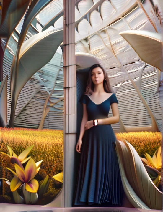 ((1 girl - solo, full length, waist-length, loose - relaxed pose, standing)), ((masterpiece, best quality: 1.3), (ultra detail: 1.3), (best quality, high resolution, photo realistic: 1.37)). ((Orange, pink, white, and green details), (girl, in flower-T, starry sky-white hair), Big Breasts: 1.7, (dark hair, shoulder length, long hair), (elegant body, dark stylish T-shirt , tech clothes: 1.1), (beautiful hands in jewelry bracelets, (Rockstar)). ((Calm look, relaxed pose, standing)). ((Abstract background with lines and circles), (Technical background - abstraction), (high-tech), (many flowers - lilies), (flowers look amazing), mostly in light colors: (white, blue, yellow, gold)).((Best quality), (surrealism: 1.3), (masterpiece: 1.2) , (fantasy: 1.2, surrealism: 1.3), ((High resolution, sharp image), (best quality: 1.37), (realistic 3D visualization), (adjustments, soft light-shadow, flooded sunlight, contrast shadows – cold tones, warm soft light)). (Technical background - abstraction), (modern style, HD detail, cinematic, surrealism, Deep focus, ray tracing, Diffusion)).