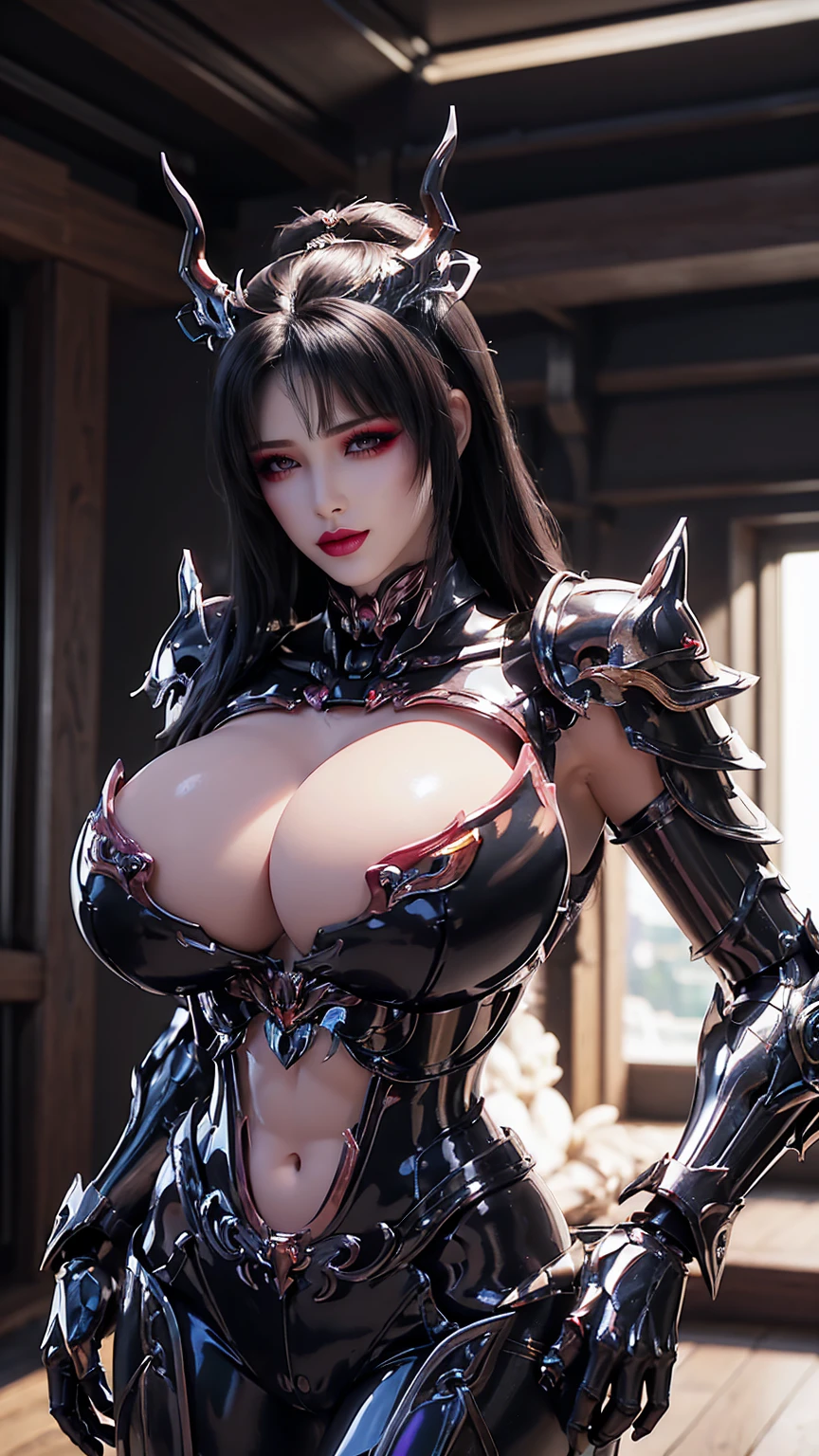 A MILF,SE UP UPPER BODY,SOLO, ((DRAGON MECHA HORN,BLACK HAIR)), (GIGANTIC FAKE BOOBIES,C TOP,11 :1.5), ((WEARING OUTFIT BLACK CRIMSON DRAGON MECHA SKIMPY ARMOR:1.5)), (MUSCULAR BODY SHAPE:1.5), (CLEAN GLOSSY BODYSKIN:1.5), (LOOKING AT VIEWER:1.6), (BACKGROUND FUTURISTIC SPACE STATION:1), (PHOTOREALSITIC:1.4), (ULTRA-DETAILLIERT), (TOP-QUALITY), (BEST SHADOWS), BRIGHT LIGHT IN ROOM, HYPER TEXTURE, (4X MSAA), ((UNREAL ENGINE 5 RENDER)), (NEON), PHYSICALLY-BASED RENDERING, ULTRA HIGHT DEFINITION, 16K, 1080P.