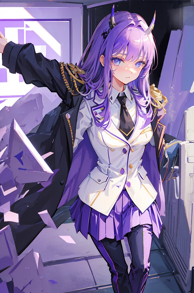 tall girl, PURPLE HAIR, horns on the head, blue eyes, purple military uniform, closed military jacket, office pants with skirt, White background