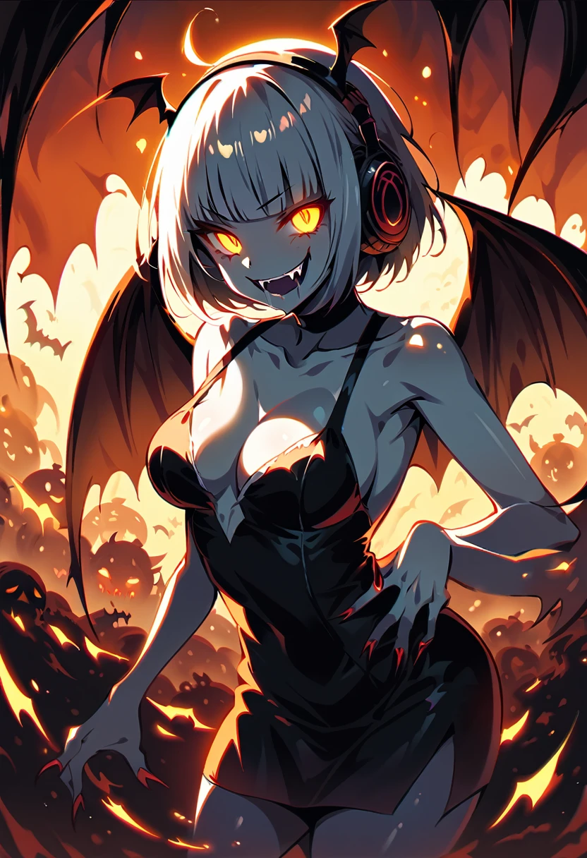 (extremely detailed fine touch:1.3), (hard light, studio light, light rays, dappled light, reflection, shadows, ray tracing:1.0), (2D:1.3), devil girl, (super very silver short hair:1.3), blunt bangs, (yellow glasses:1.3), underrim, headphones, devil's wings, white skin, Tsurime Eyes, (glowing eyes:1.2), evil smile, (fangs:1.2), tongue out, drooling, red cheek, black mini dress, medium breasts, clavicle, cleavage, cowboy shot, bat, hell, inferno