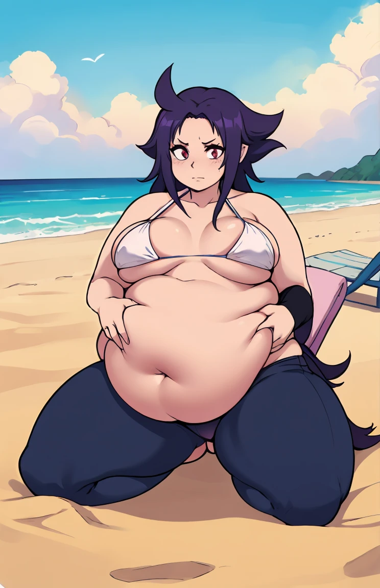 Yoruichi(bleach),beachfront,alone girl,bikini,fully body,overwhelmingly large belly,bloated belly,belly bloated,round belly,massive belly,bloated belly,incredibly small breasts,small breasts,six little,overwhelmingly large thighs,thick-thighs,